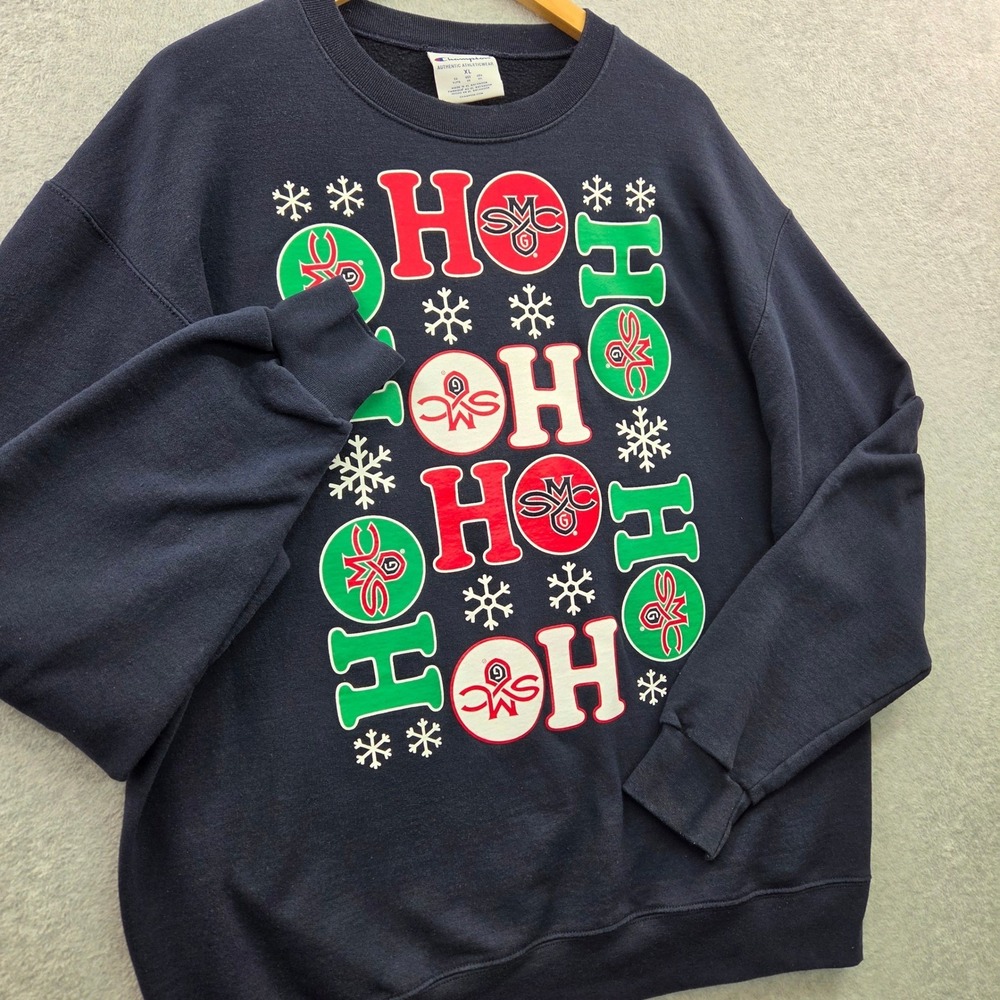 HO HO HO Christmas Sweatshirt CHAMPION Authentic Athleticwear Women XL Navy Blue